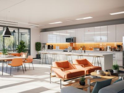 An office breakroom with a communal kitchen and relaxation area