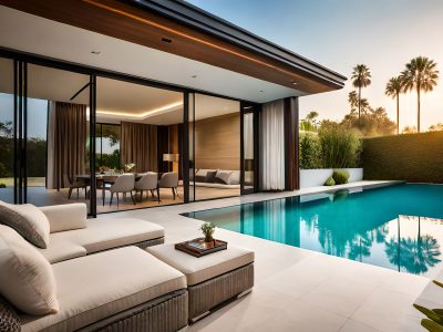 Luxury villa by the sea with pool in garden. Generative AI
