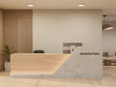 A modern, luxury, and beautiful registration counter or lobby front desk area interior design with a white marble counter, parquet floor, an indoor plant, and white wall. 3d render, 3d illustration